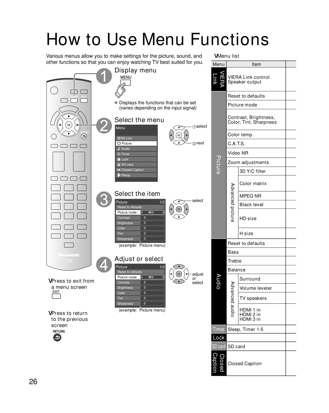 Panasonic TC-P54S1, TC-P50S1, TC-P46S1 quick start How to Use Menu Functions, Display menu, Select the menu, Adjust or select 