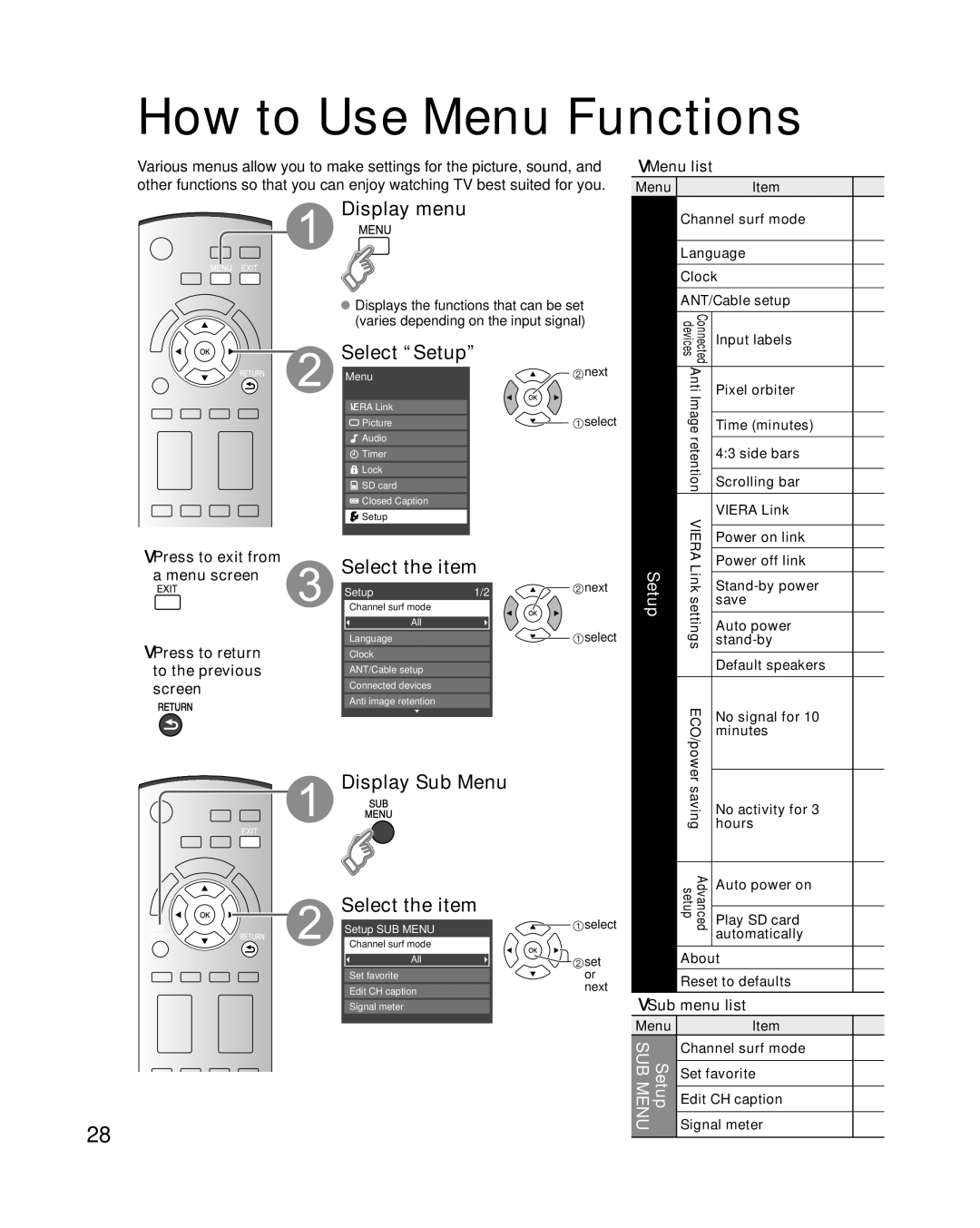 Panasonic TC-P46S1, TC-P50S1, TC-P54S1 quick start Display Sub Menu, Sub Menu list 