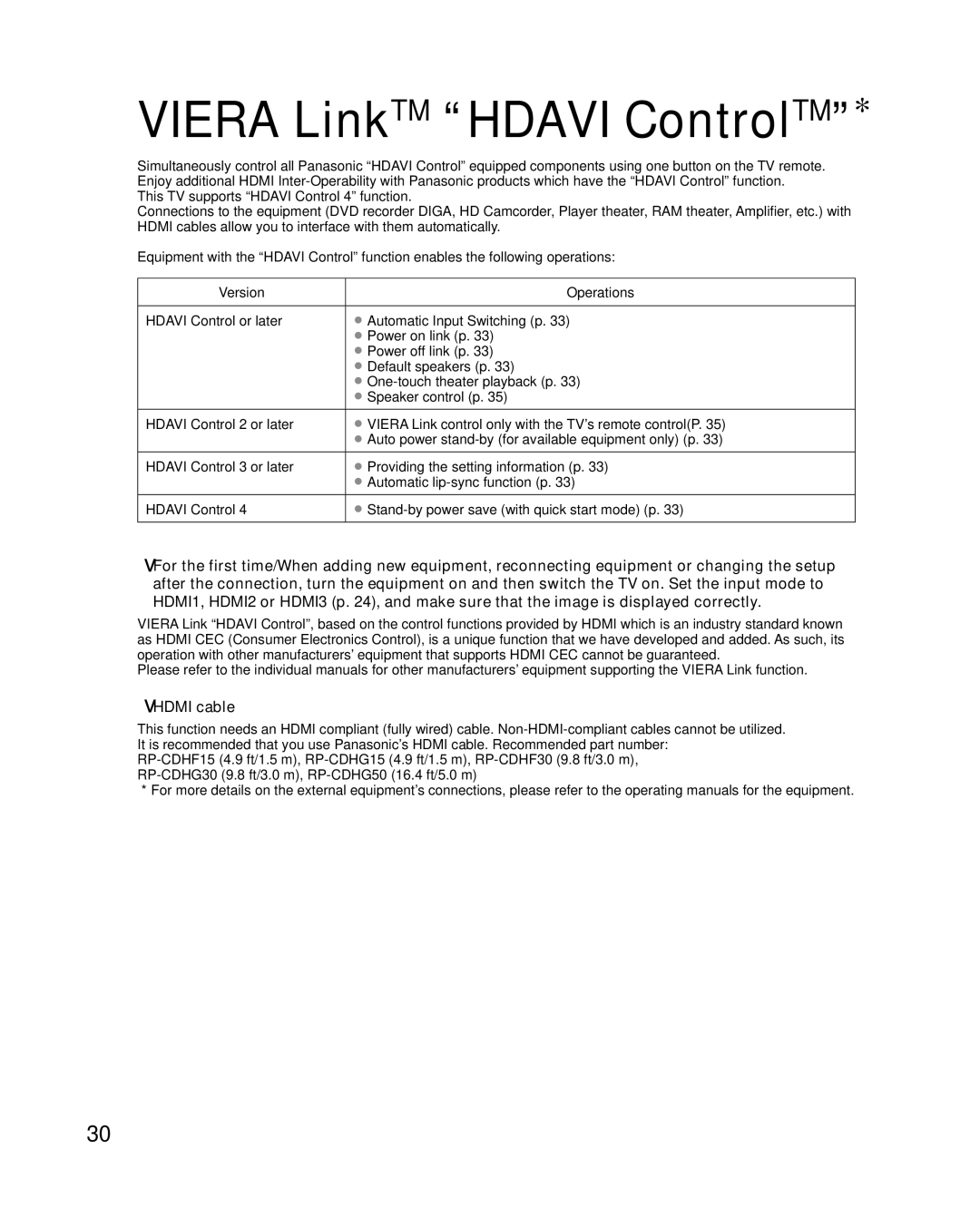 Panasonic TC-P50S1, TC-P46S1, TC-P54S1 quick start Viera LinkTM Hdavi ControlTM, Hdmi cable 