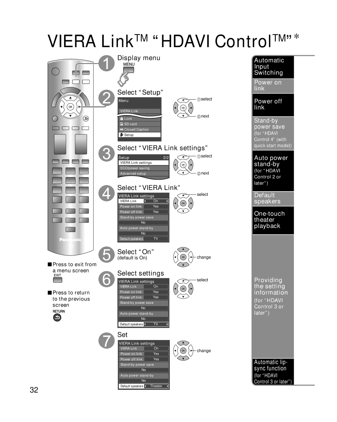 Panasonic TC-P54S1, TC-P50S1, TC-P46S1 quick start Select Viera Link settings, Select settings, Set 