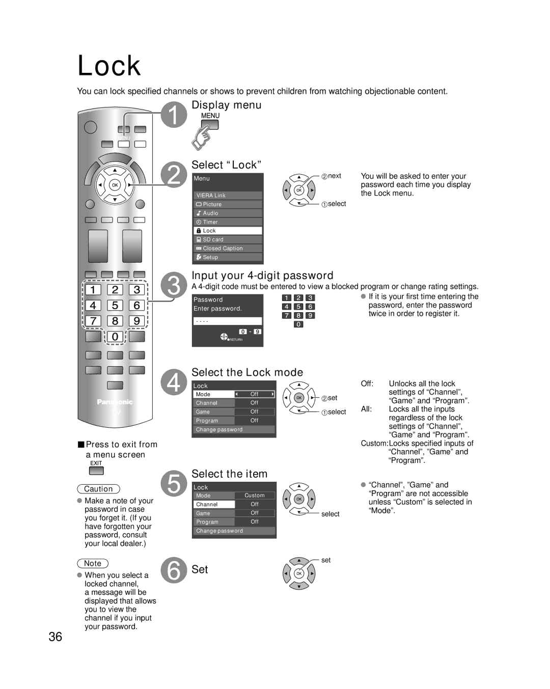 Panasonic TC-P50S1, TC-P46S1, TC-P54S1 Display menu Select Lock, Input your 4-digit password, Select the Lock mode 