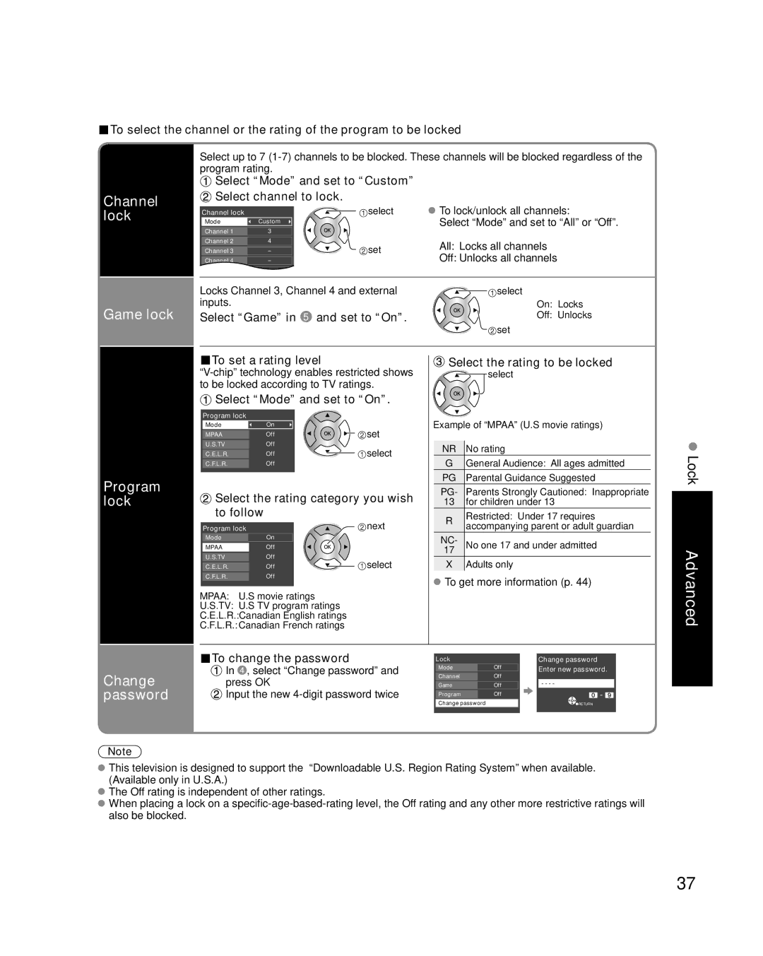 Panasonic TC-P46S1, TC-P50S1, TC-P54S1 quick start Channel lock, Game lock, Program lock, Change password 