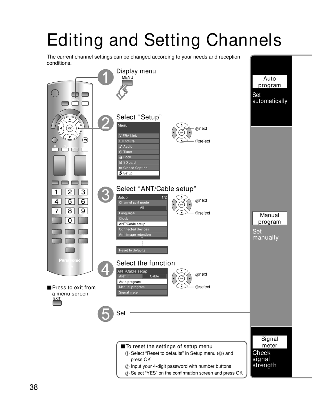 Panasonic TC-P54S1, TC-P50S1 Editing and Setting Channels, Select ANT/Cable setup, Set manually, Check signal strength 