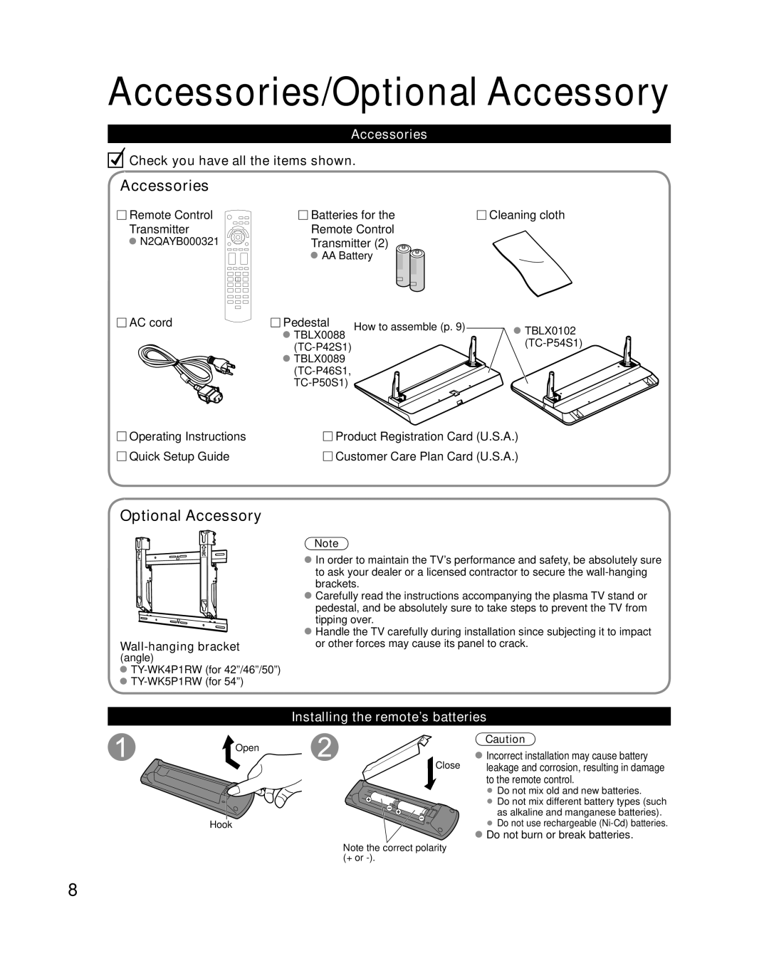 Panasonic TC-P54S1, TC-P50S1, TC-P46S1 quick start Accessories/Optional Accessory, Installing the remote’s batteries 