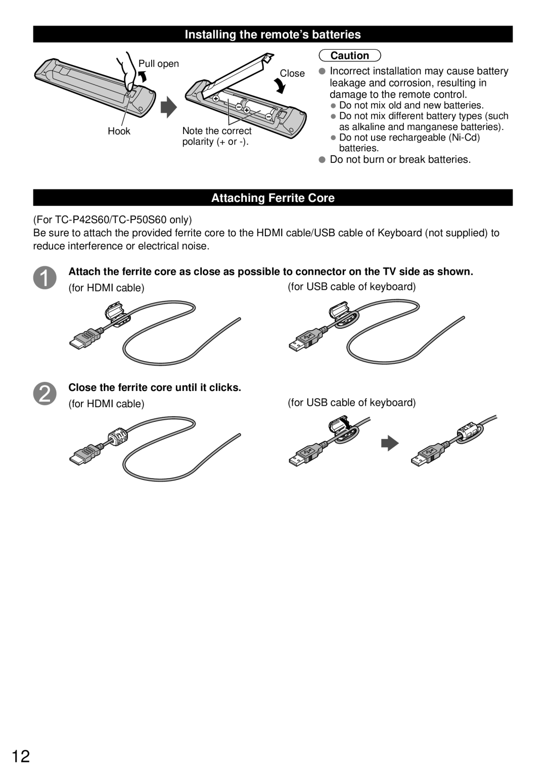 Panasonic TC-P60S60 Installing the remote’s batteries, Attaching Ferrite Core, Close the ferrite core until it clicks 