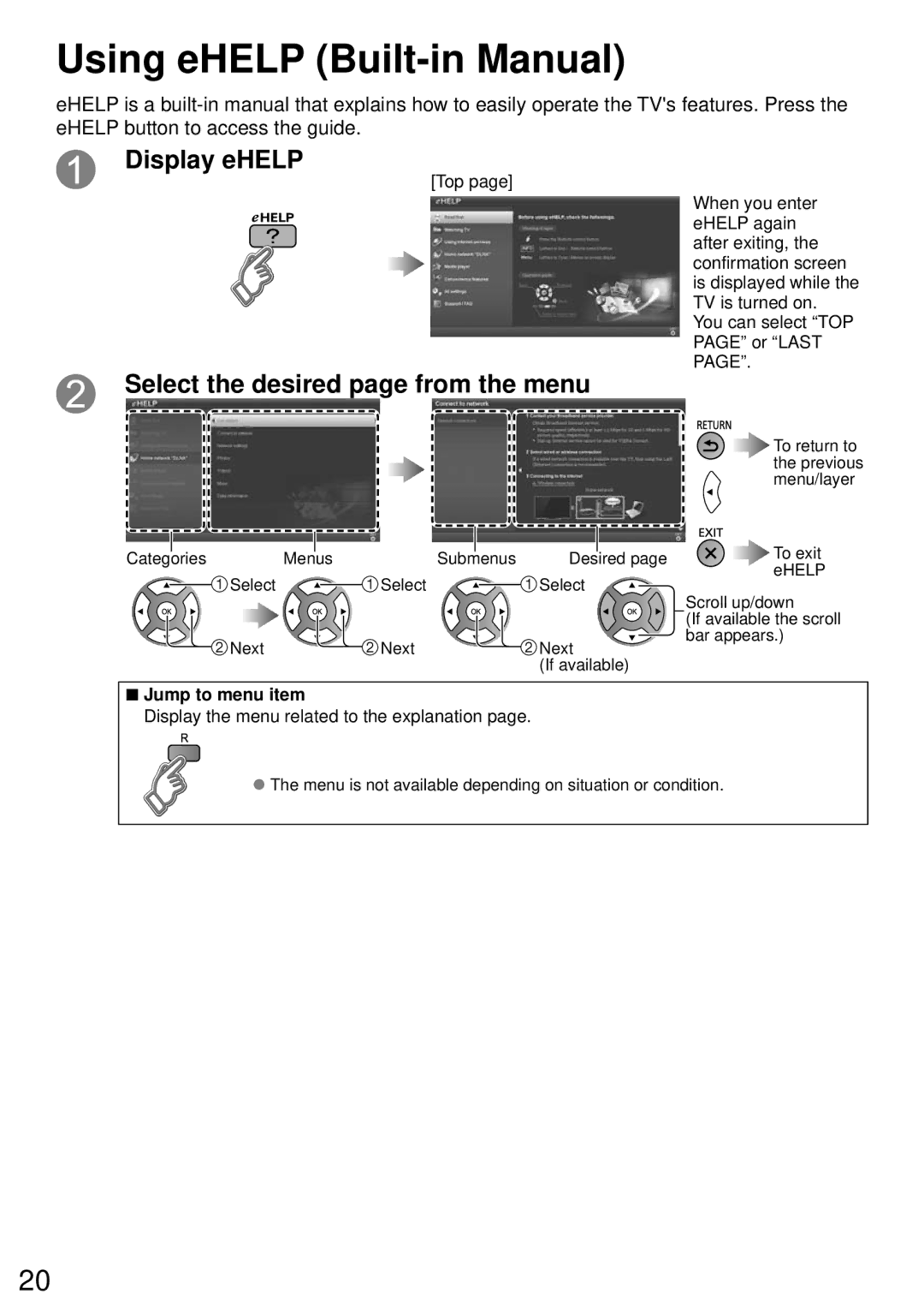 Panasonic TC-P60S60, TC-P50S60, TC-P42S60, TC-P55S60, TC-P65S60, TCP65S60 Using eHELP Built-in Manual, Jump to menu item 