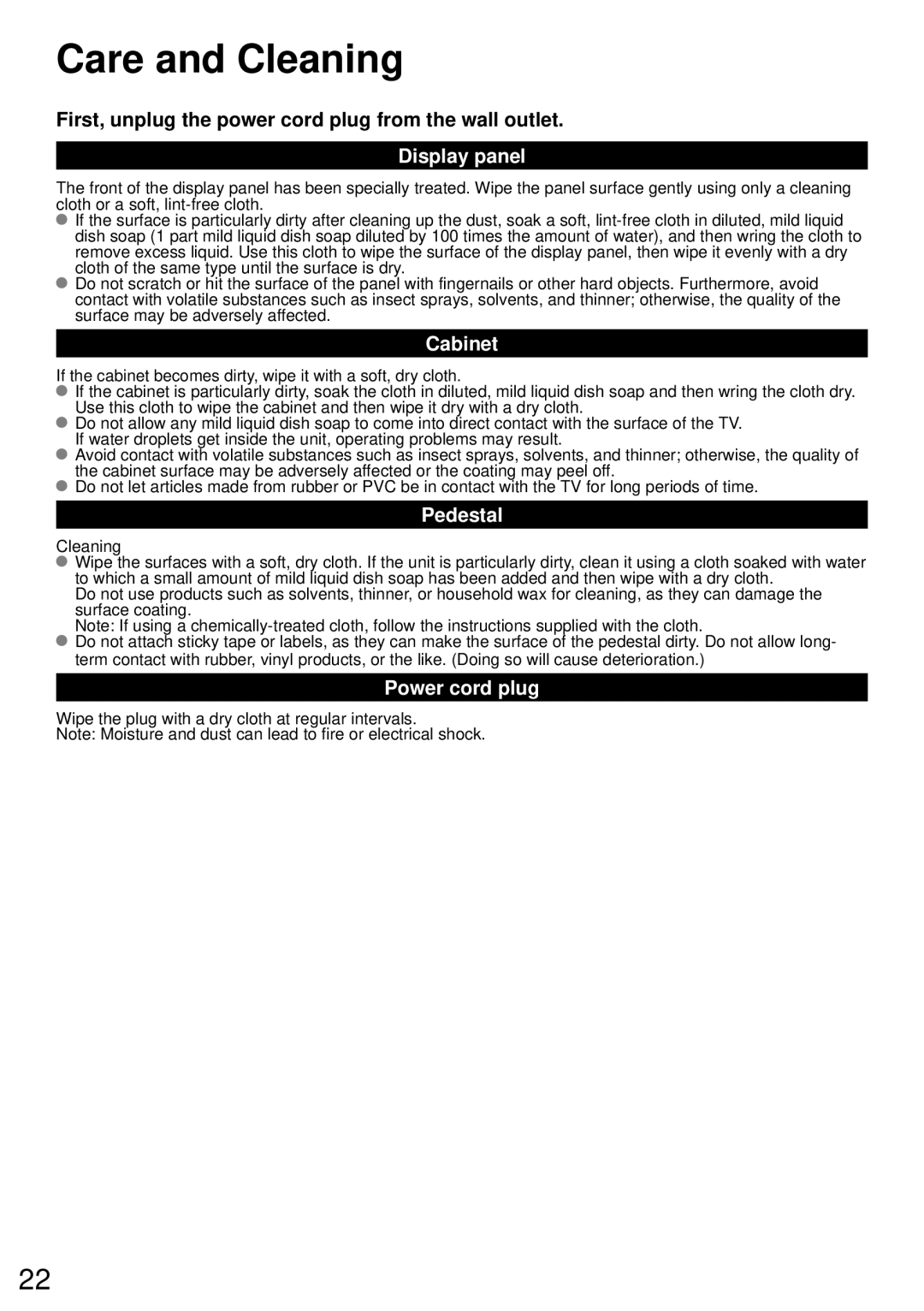Panasonic TCP60S60, TC-P50S60, TC-P42S60, TC-P55S60 Care and Cleaning, Display panel, Cabinet, Pedestal, Power cord plug 