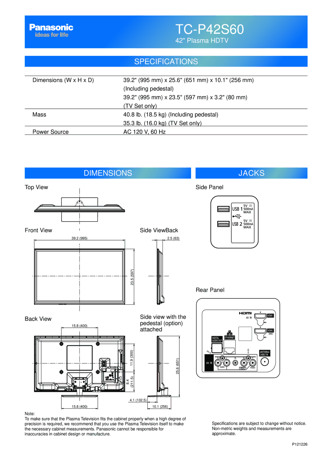 Panasonic TCP65S60, TC-P50S60, TC-P55S60, TC-P65S60, TC-P60S60, TCP60S60, TCP50S60 owner manual TC-P42S60, Specifications 