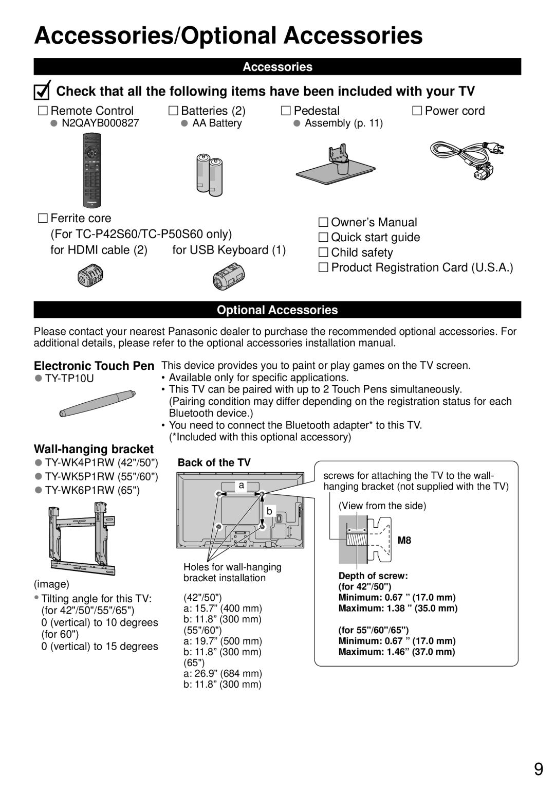 Panasonic TC-P42S60, TC-P50S60, TC-P55S60 Accessories/Optional Accessories, Electronic Touch Pen, Wall-hanging bracket 