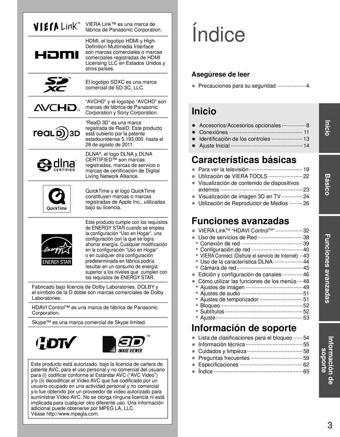 Panasonic TC-P55ST30, TC-P50ST30, TC-P42ST30 Información soporte, Precauciones para su seguridad ···················4 