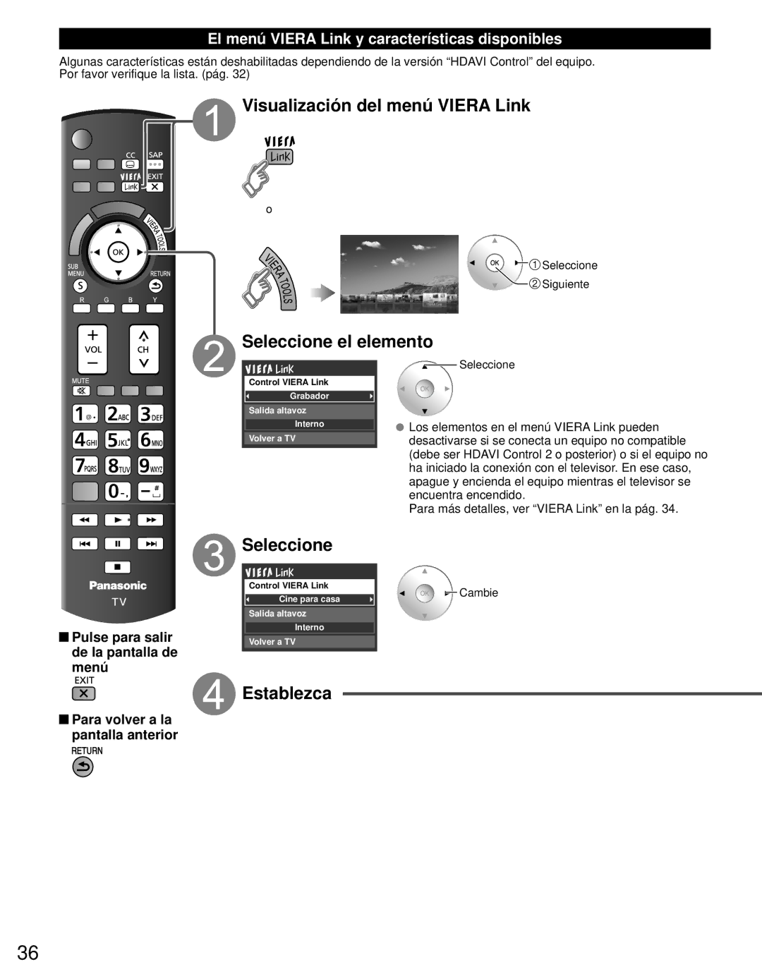 Panasonic TC-P50ST30, TC-P42ST30, TC-P46ST30 Visualización del menú Viera Link, Seleccione el elemento, Establezca 