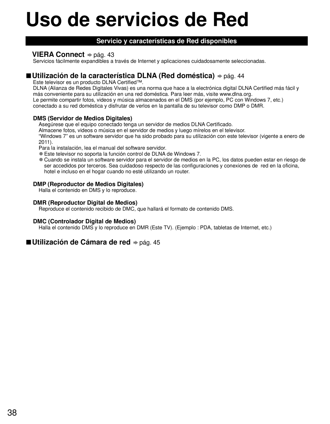 Panasonic TC-P46ST30 Uso de servicios de Red, Viera Connect pág, Utilización de la característica Dlna Red doméstica pág 