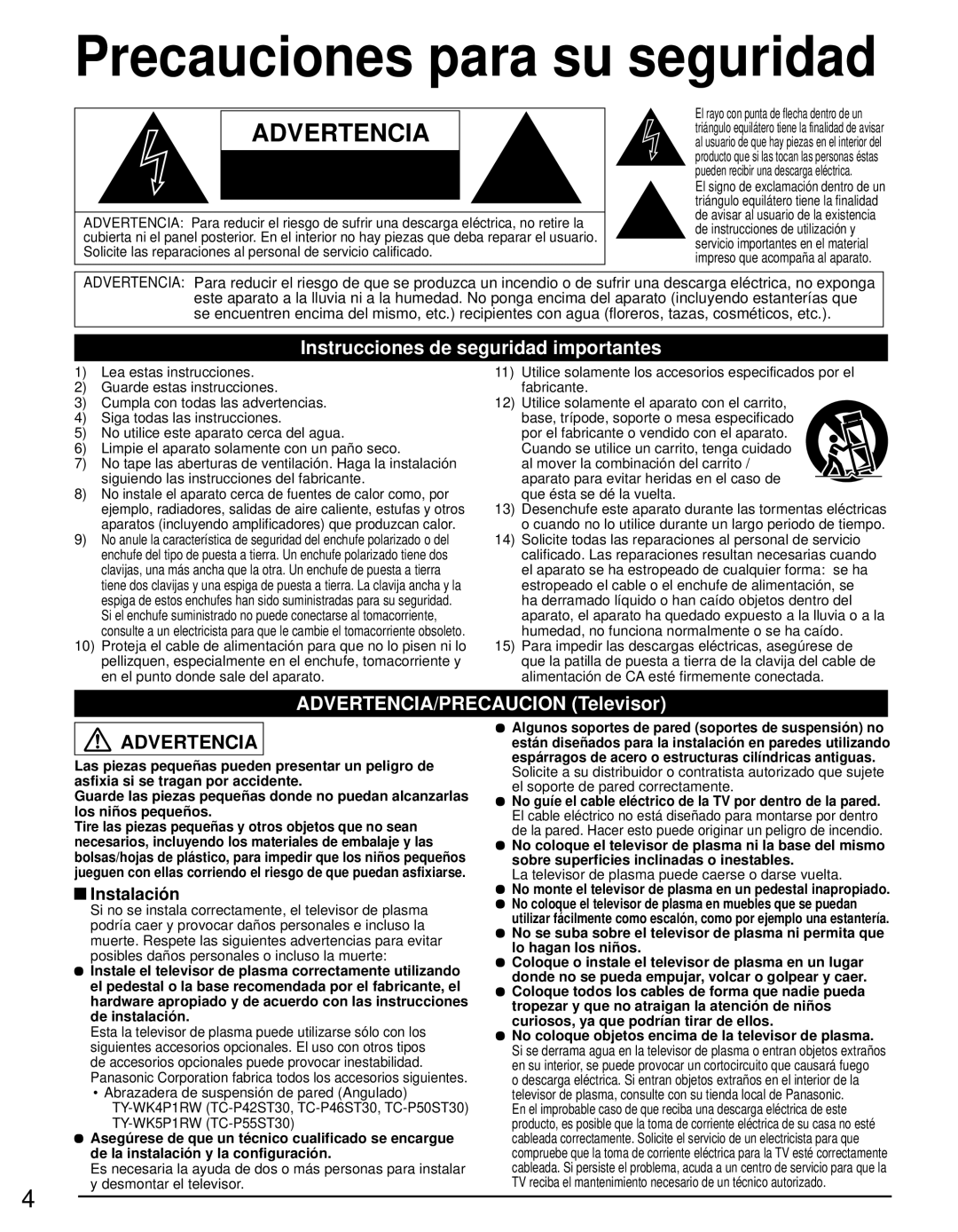 Panasonic TC-P50ST30, TC-P42ST30 Precauciones para su seguridad, Instrucciones de seguridad importantes, Instalación 