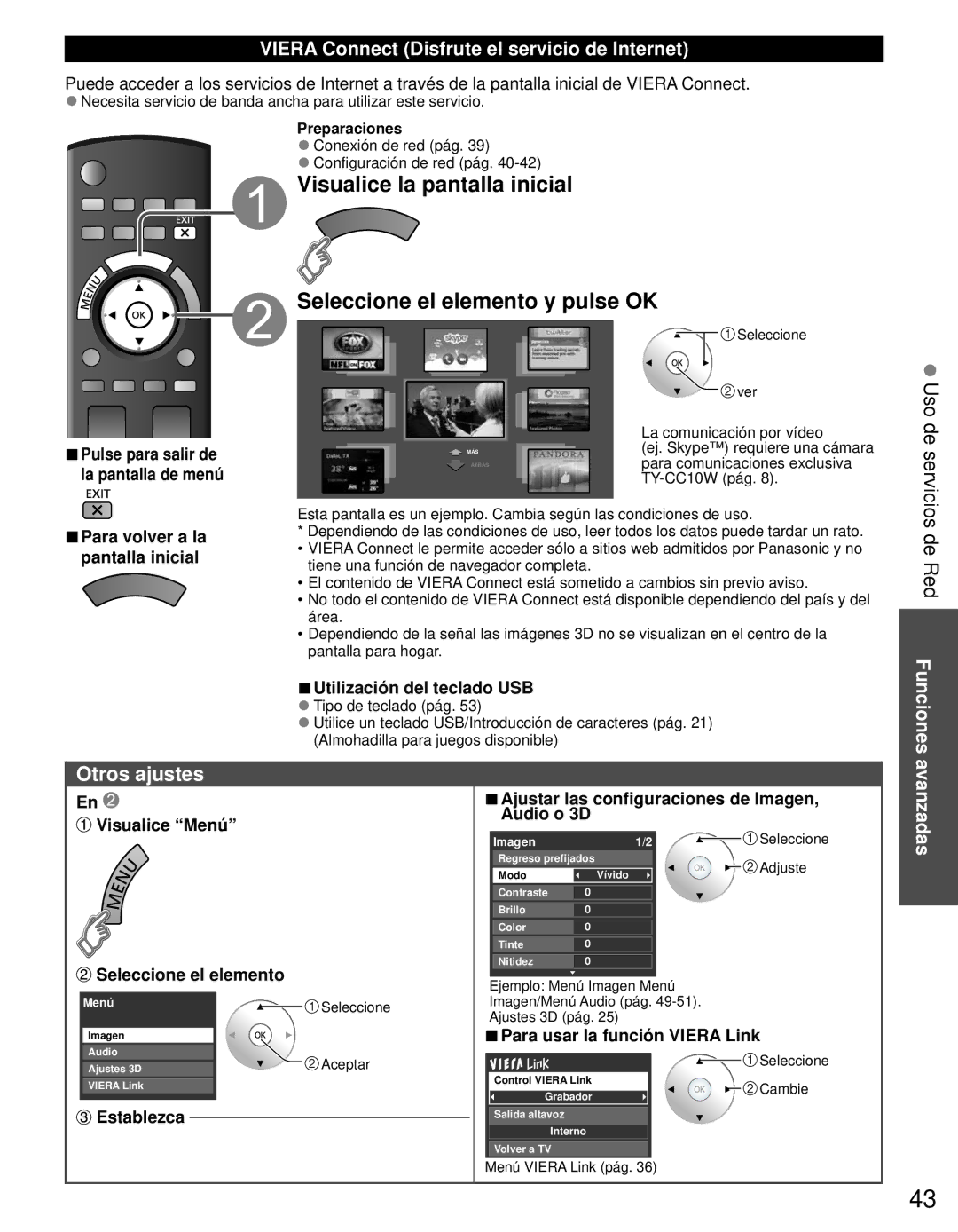 Panasonic TC-P55ST30 Otros ajustes, Uso de servicios de Red Funciones, Viera Connect Disfrute el servicio de Internet 