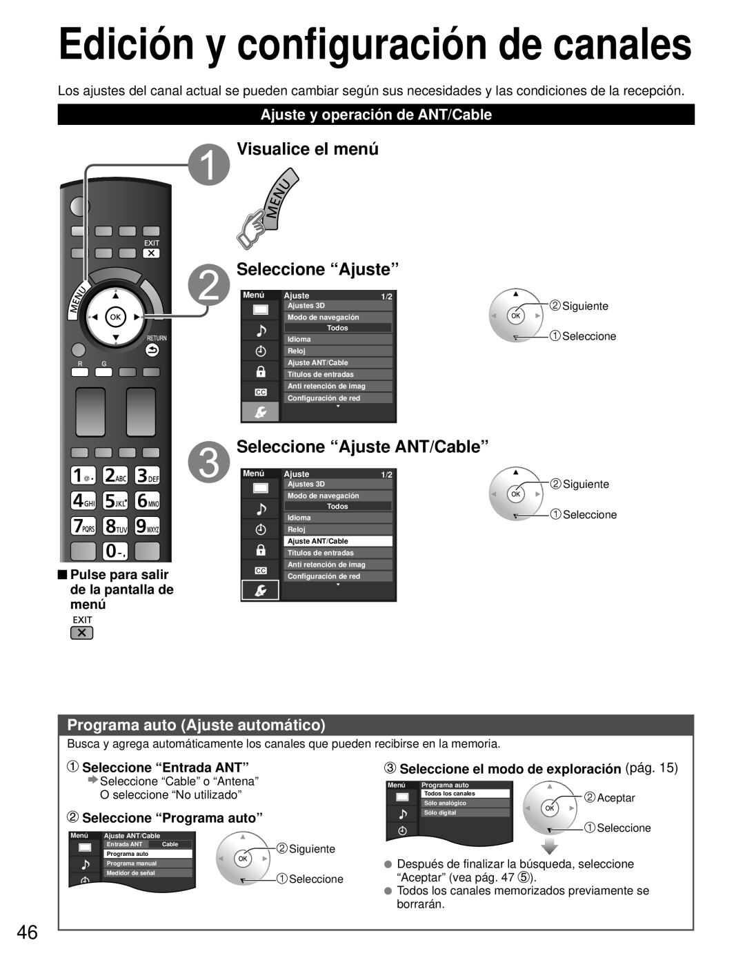 Panasonic TC-P46ST30 Visualice el menú Seleccione Ajuste, Seleccione Ajuste ANT/Cable, Programa auto Ajuste automático 