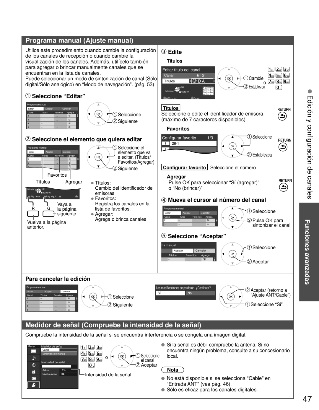 Panasonic TC-P55ST30, TC-P50ST30 Programa manual Ajuste manual, Medidor de señal Compruebe la intensidad de la señal 