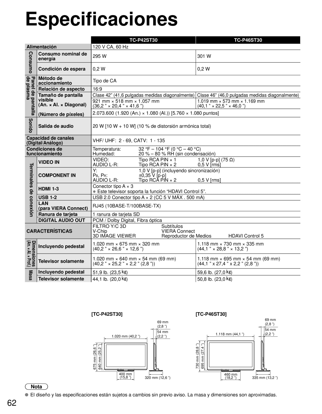 Panasonic TC-P50ST30, TC-P55ST30 owner manual Especificaciones, TC-P42ST30 TC-P46ST30 