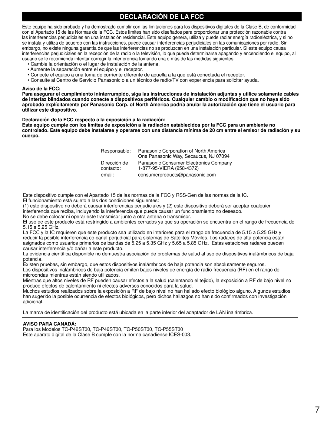 Panasonic TC-P55ST30, TC-P50ST30, TC-P42ST30, TC-P46ST30 Responsable Panasonic Corporation of North America, Dirección de 