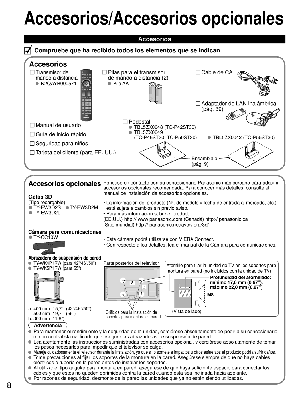 Panasonic TC-P50ST30, TC-P42ST30, TC-P46ST30 Accesorios opcionales, Gafas 3D, Abrazadera de suspensión de pared 