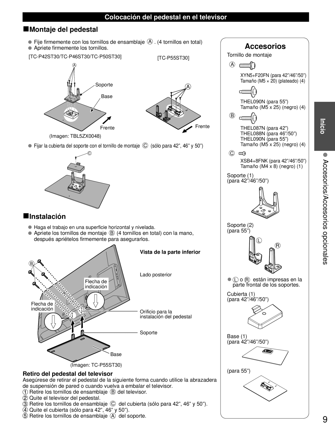 Panasonic TC-P42ST30, TC-P50ST30 Opcionales, Colocación del pedestal en el televisor, Retiro del pedestal del televisor 