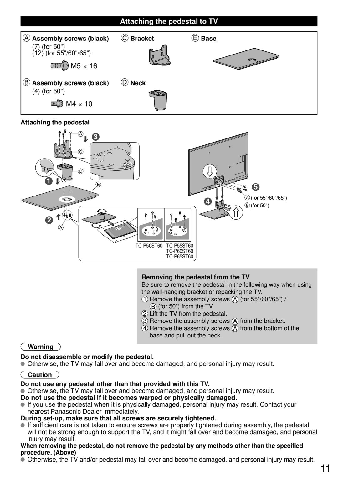 Panasonic TC-P65ST60, TC-P50ST60 Attaching the pedestal to TV, Assembly screws black Bracket, Assembly screws black Neck 