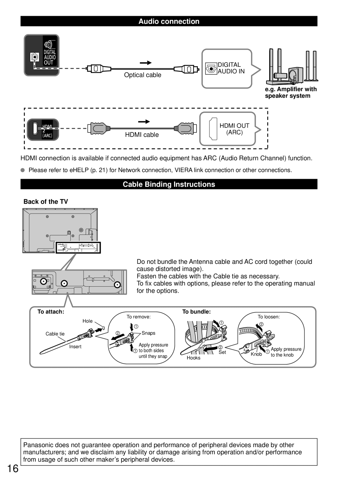 Panasonic TC-P50ST60, TC-P60ST60, TC-P55ST60, TC-P65ST60 Audio connection, Cable Binding Instructions, Optical cable 