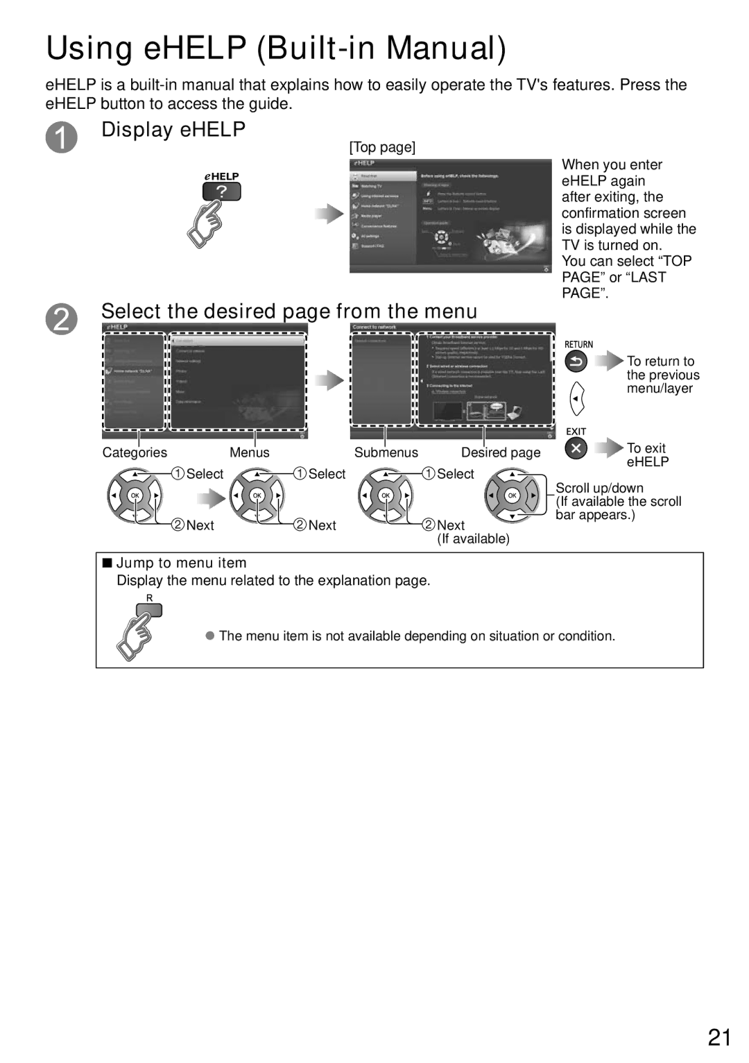 Panasonic TC-P60ST60 Using eHELP Built-in Manual, Jump to menu item, Display the menu related to the explanation 