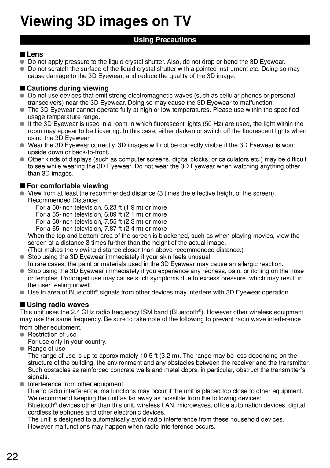 Panasonic TC-P55ST60 Viewing 3D images on TV, Using Precautions, Lens, For comfortable viewing, Using radio waves 