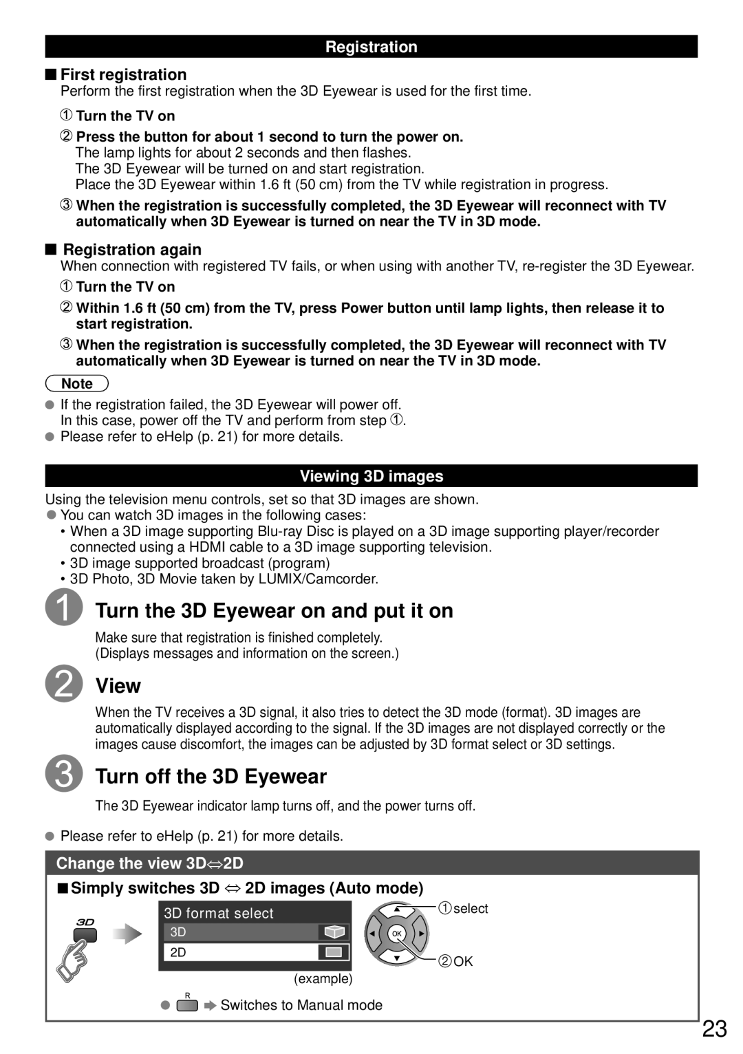 Panasonic TC-P65ST60, TC-P50ST60, TC-P60ST60, TC-P55ST60 owner manual Registration, Viewing 3D images, Change the view 3D⇔2D 