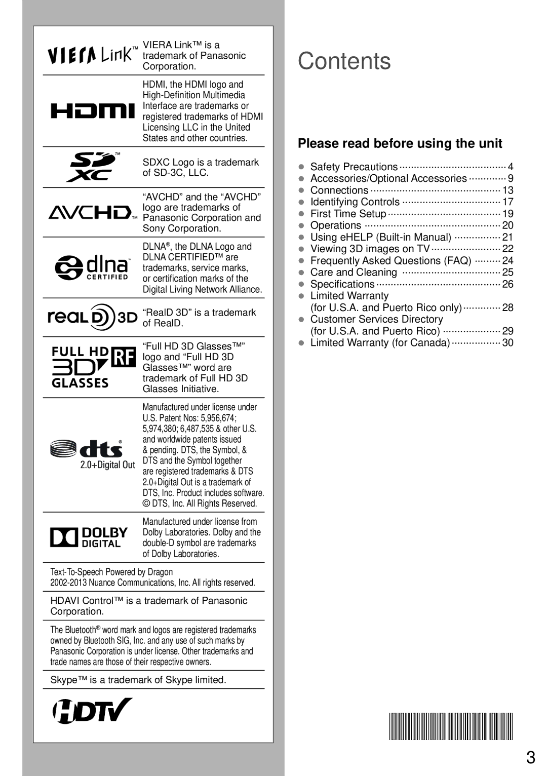 Panasonic TC-P65ST60, TC-P50ST60, TC-P60ST60, TC-P55ST60 owner manual Contents 