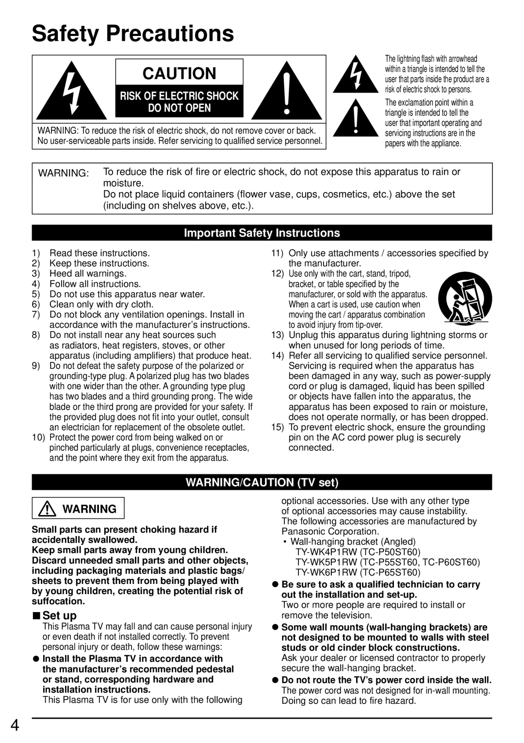 Panasonic TC-P50ST60, TC-P60ST60, TC-P55ST60, TC-P65ST60 owner manual Safety Precautions, Important Safety Instructions 