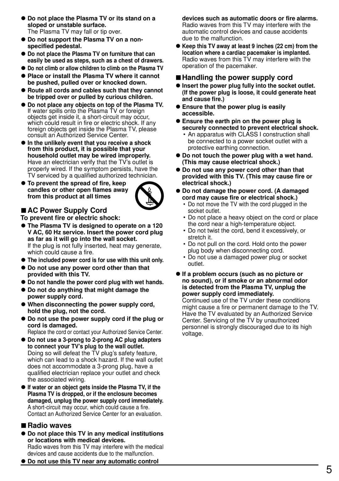 Panasonic TC-P60ST60 AC Power Supply Cord, Radio waves, Handling the power supply cord, To prevent fire or electric shock 