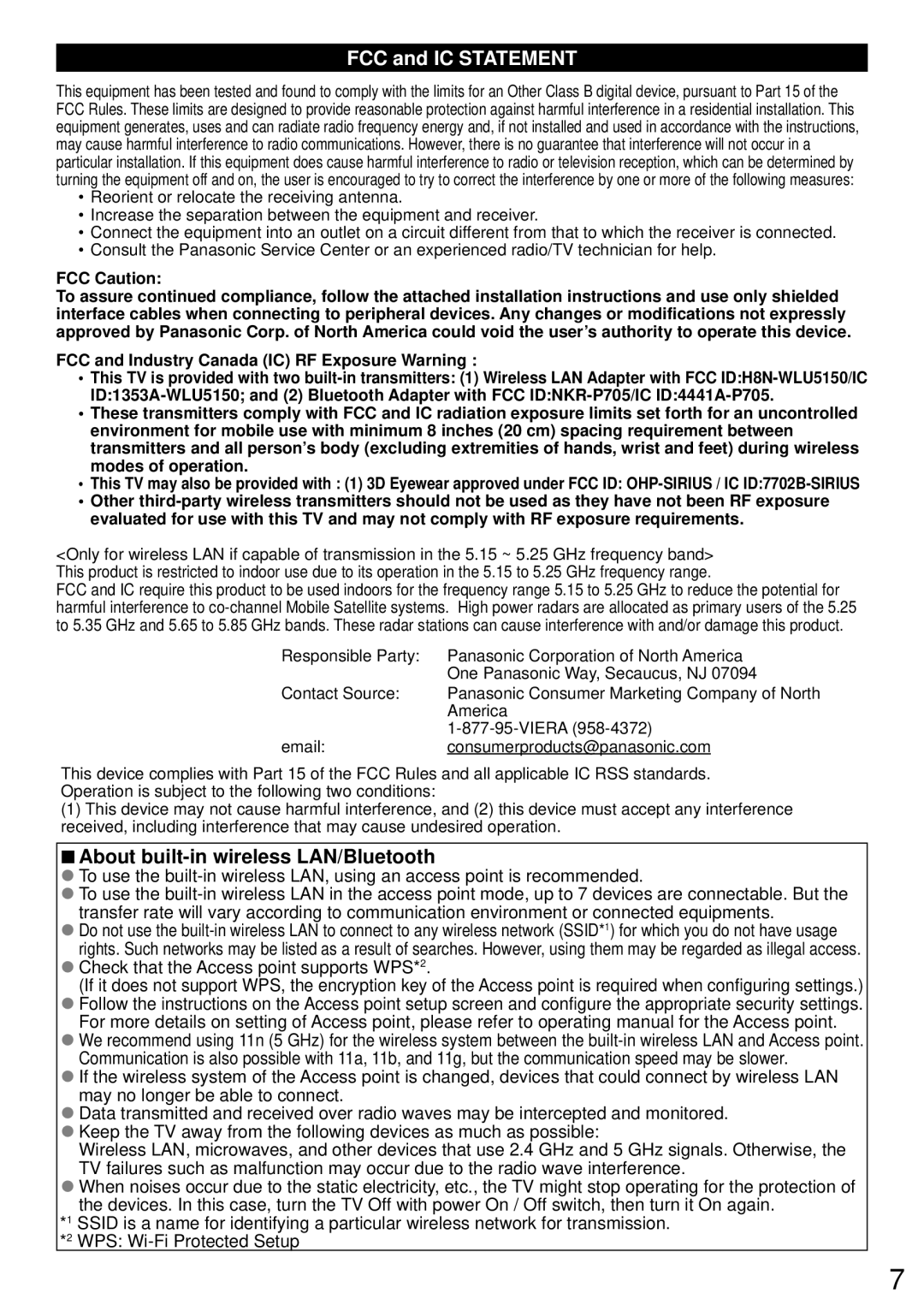 Panasonic TC-P65ST60, TC-P50ST60, TC-P60ST60 FCC and IC Statement, About built-in wireless LAN/Bluetooth, FCC Caution 