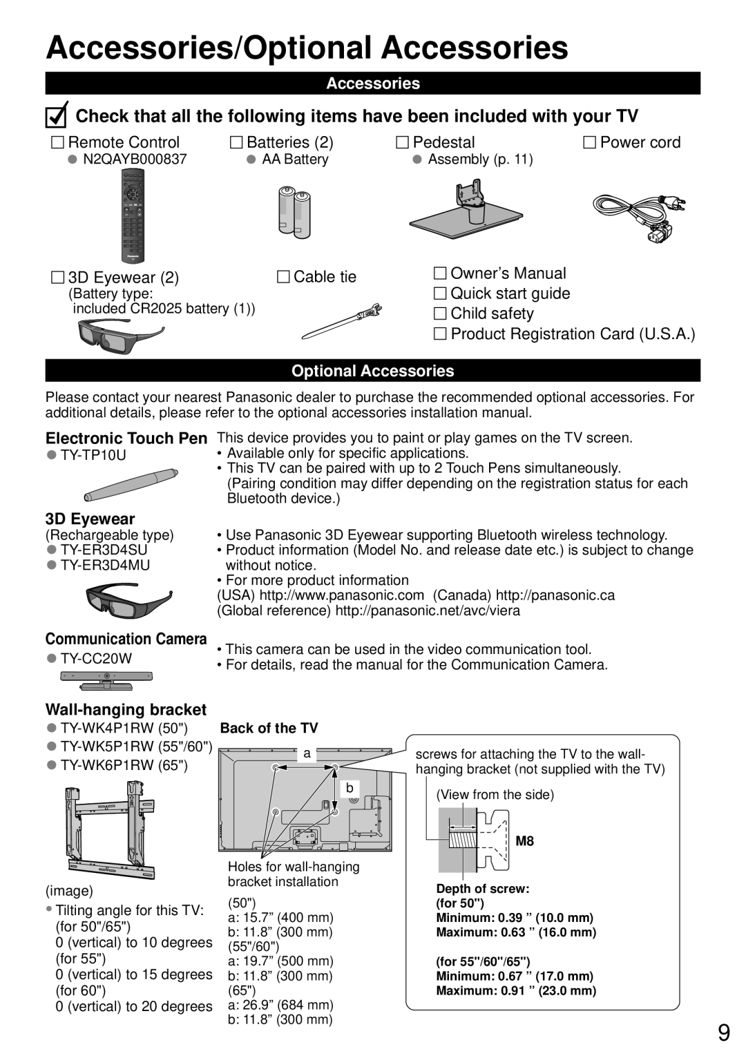 Panasonic TC-P60ST60, TC-P50ST60, TC-P55ST60, TC-P65ST60 owner manual Accessories/Optional Accessories 