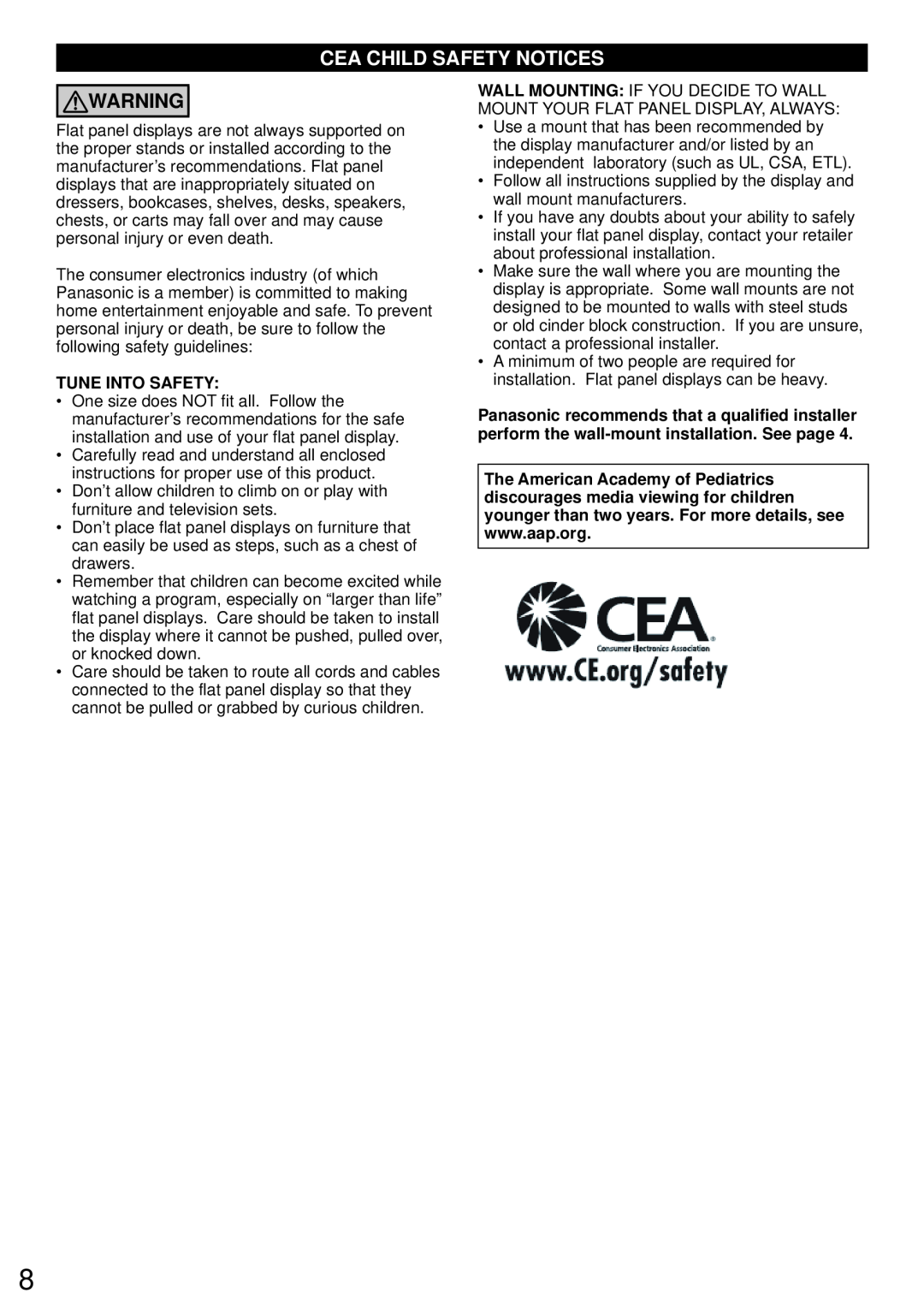 Panasonic TC-P50ST60, TC-P60ST60, TC-P55ST60, TC-P65ST60 owner manual Cea Child Safety Notices, Tune Into Safety 