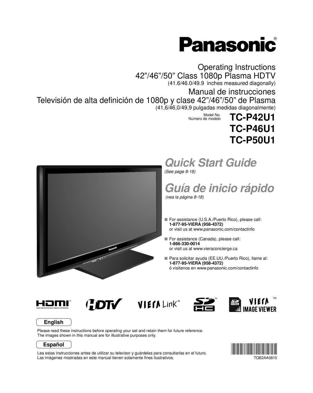 Panasonic TC-P50U1 quick start Operating Instructions 42/46/50 Class 1080p Plasma Hdtv, Viera 