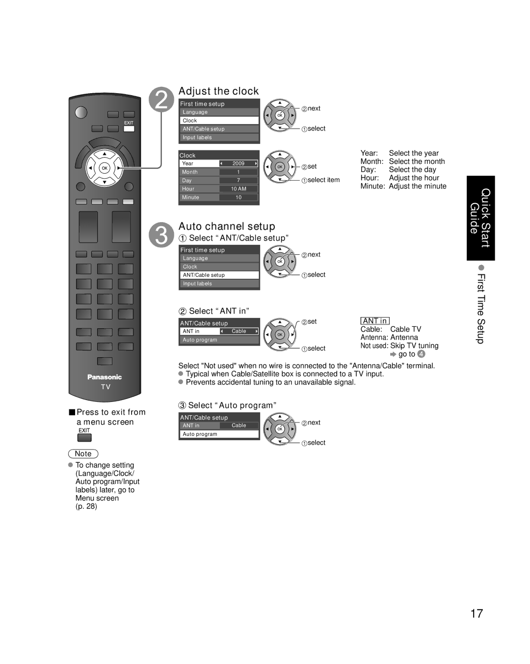 Panasonic TC-P50U1 quick start Adjust the clock, Auto channel setup, Select ANT/Cable setup, Select Auto program 