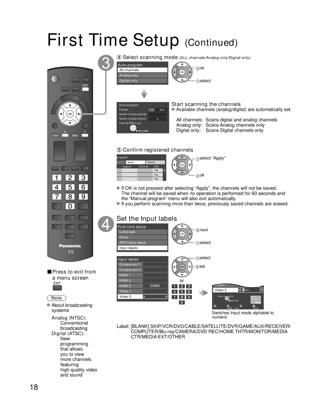 Panasonic TC-P50U1 quick start Set the Input labels, Start scanning the channels, Confirm registered channels 