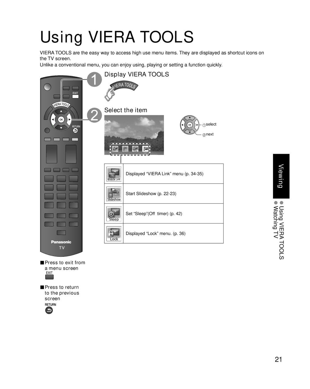 Panasonic TC-P50U1 quick start Using Viera Tools, Display Viera Tools Select the item, Select next 