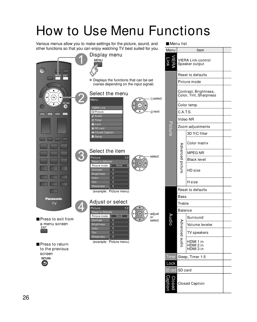 Panasonic TC-P50U1 quick start How to Use Menu Functions, Display menu, Select the menu, Adjust or select 