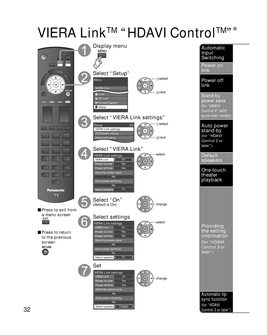 Panasonic TC-P50U1 quick start Select Viera Link settings, Select settings, Set, Stand-by power save 