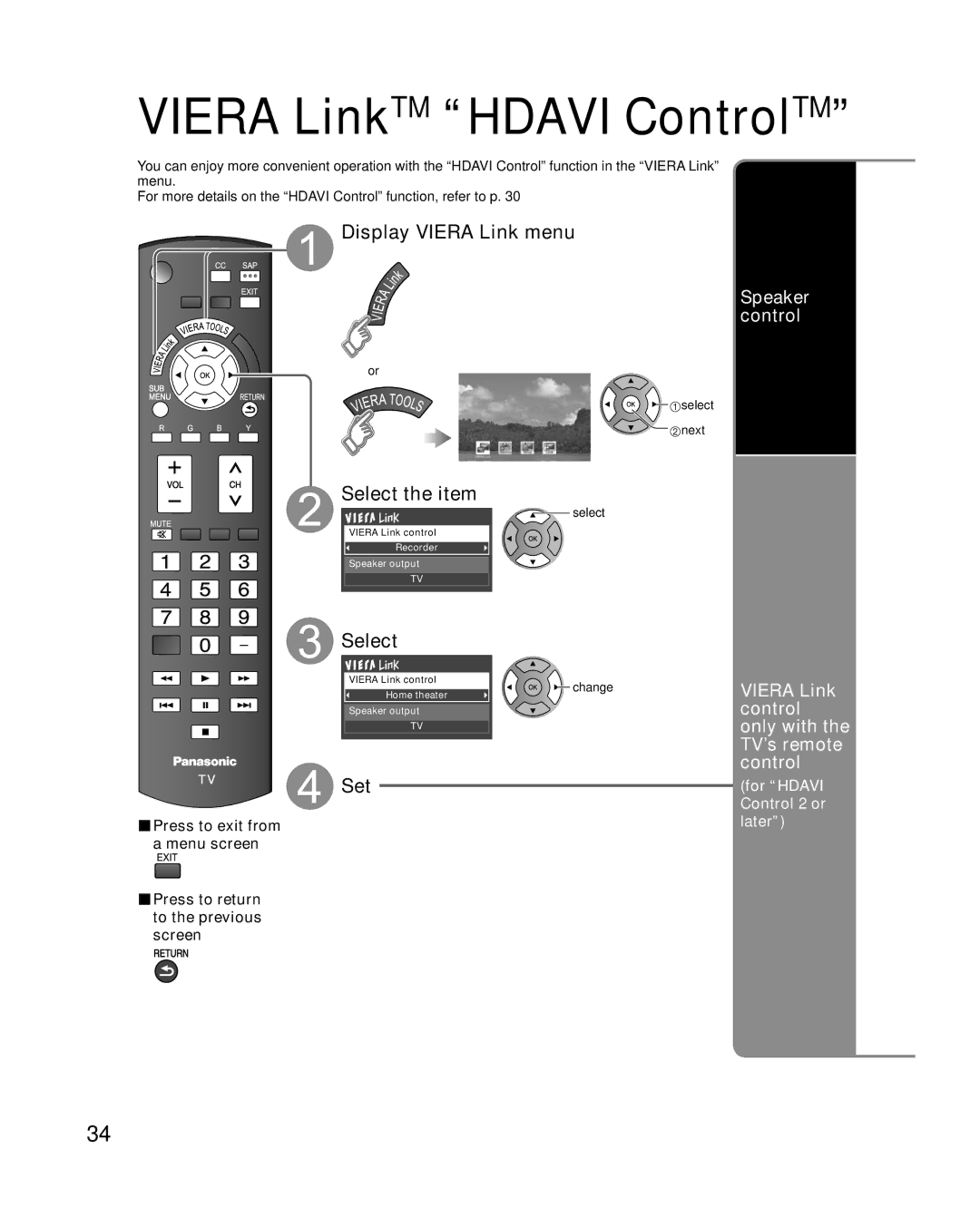 Panasonic TC-P50U1 quick start Display Viera Link menu, Only with 