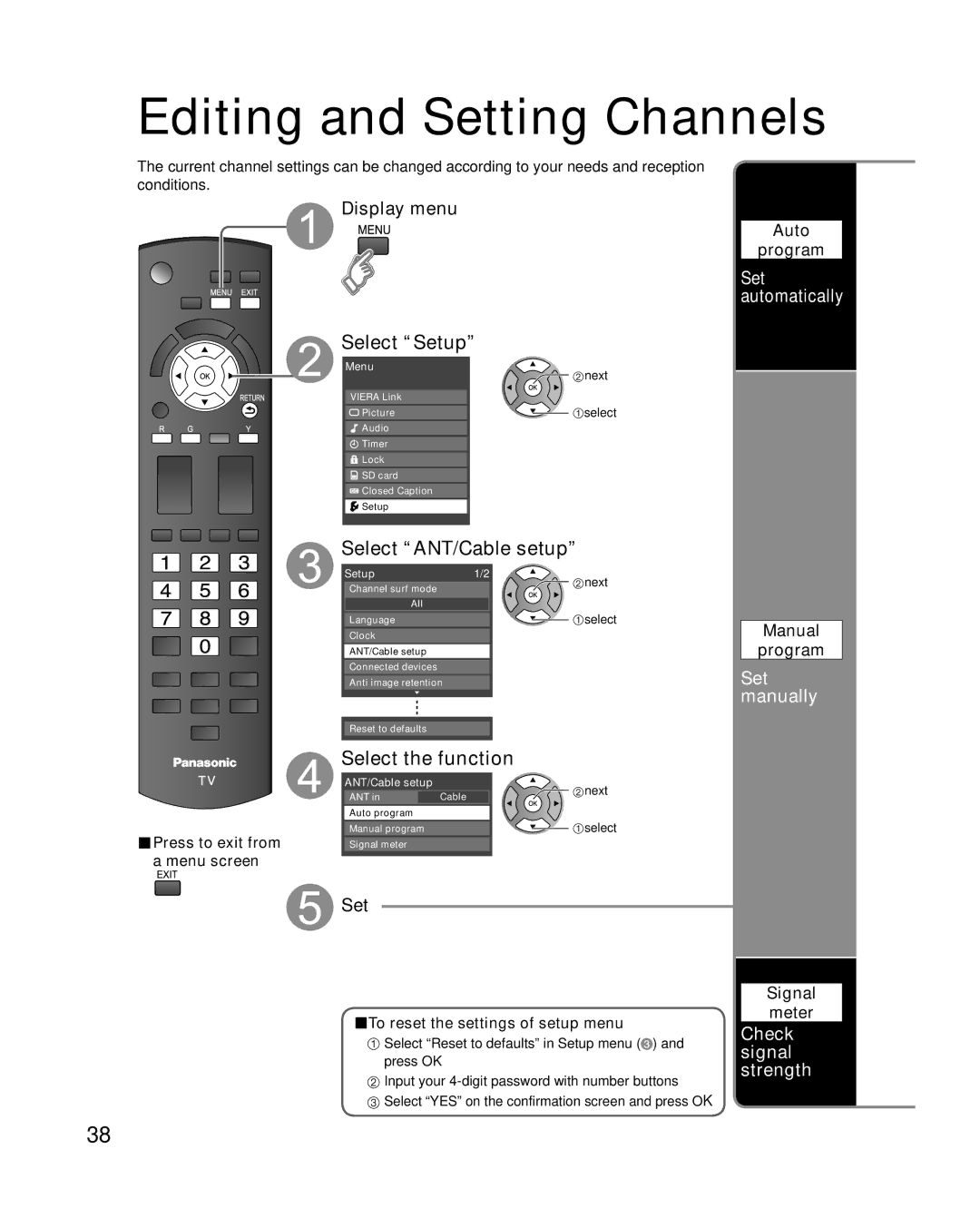 Panasonic TC-P50U1 quick start Editing and Setting Channels, Select ANT/Cable setup, Set automatically, Menu screen 