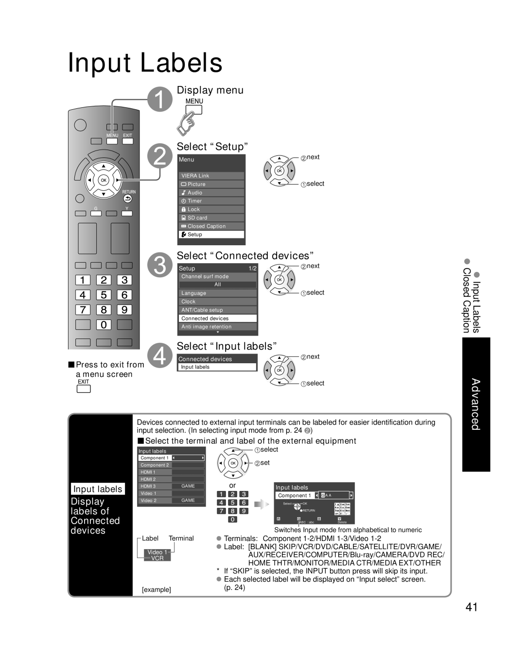 Panasonic TC-P50U1 quick start Input Labels, Select Connected devices, Select Input labels, Display labels of Connected 