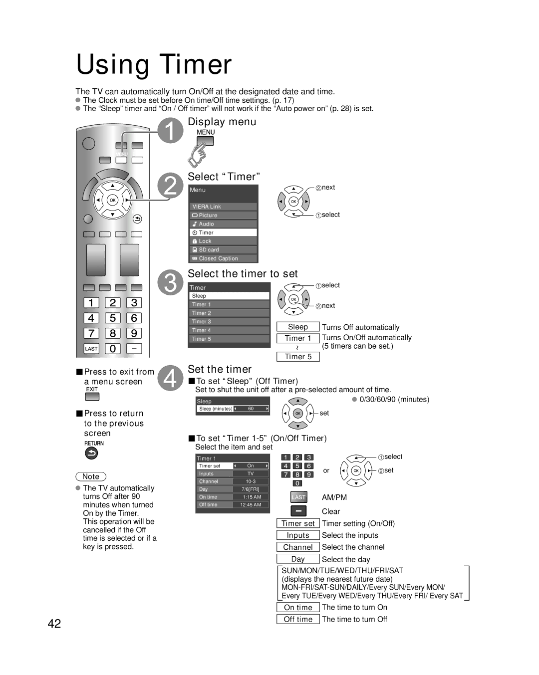 Panasonic TC-P50U1 quick start Using Timer, Display menu Select Timer, Select the timer to set, Set the timer 