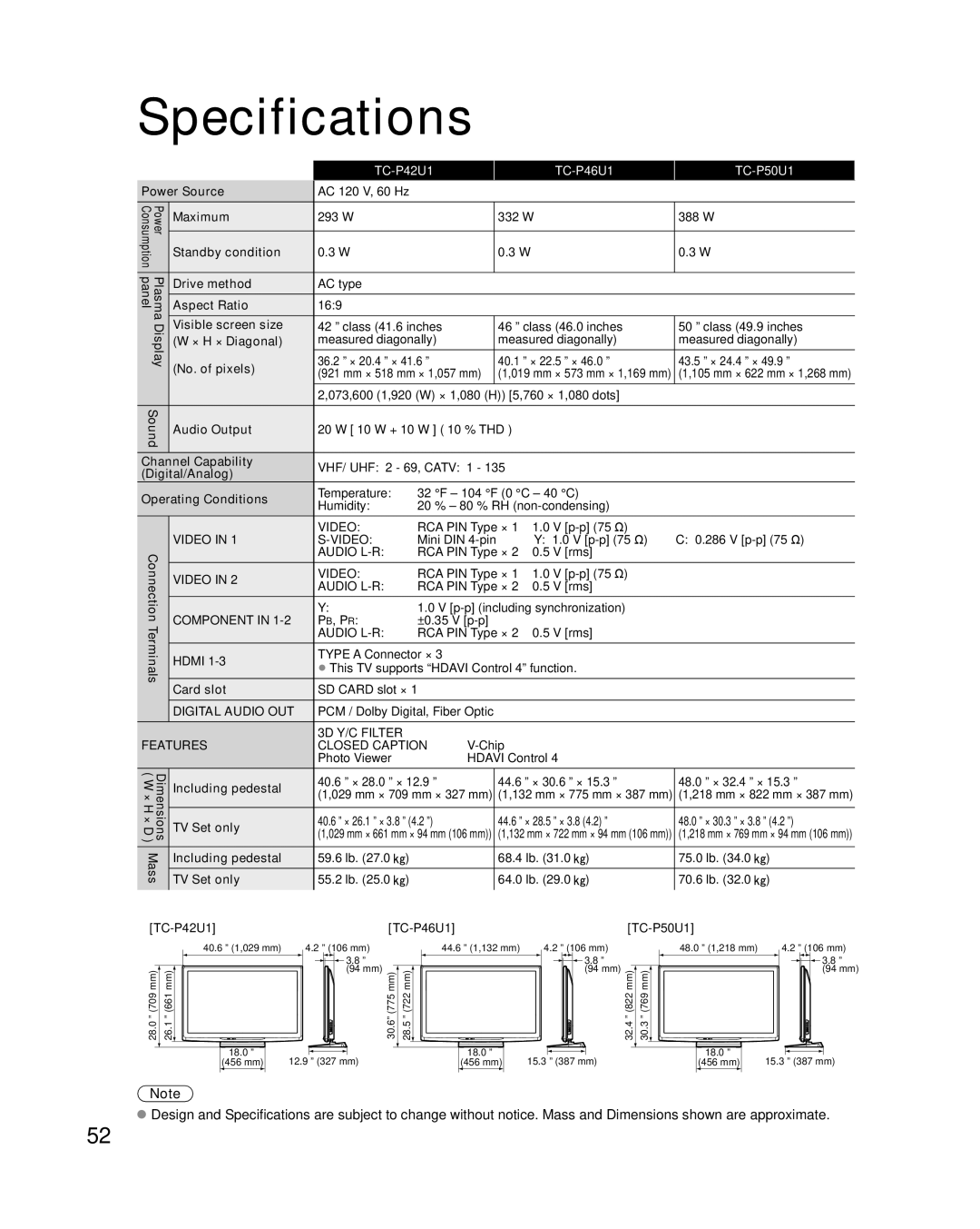 Panasonic TC-P50U1 quick start Specifications 