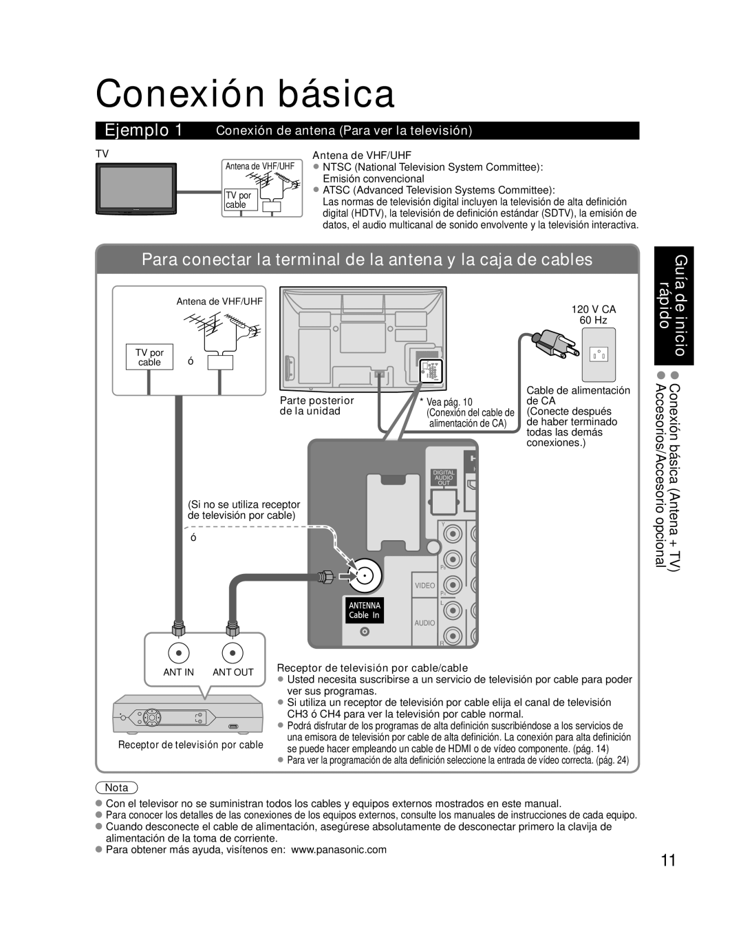 Panasonic TC P50U1 quick start Conexión básica, Conexión de antena Para ver la televisión, Antena de VHF/UHF 