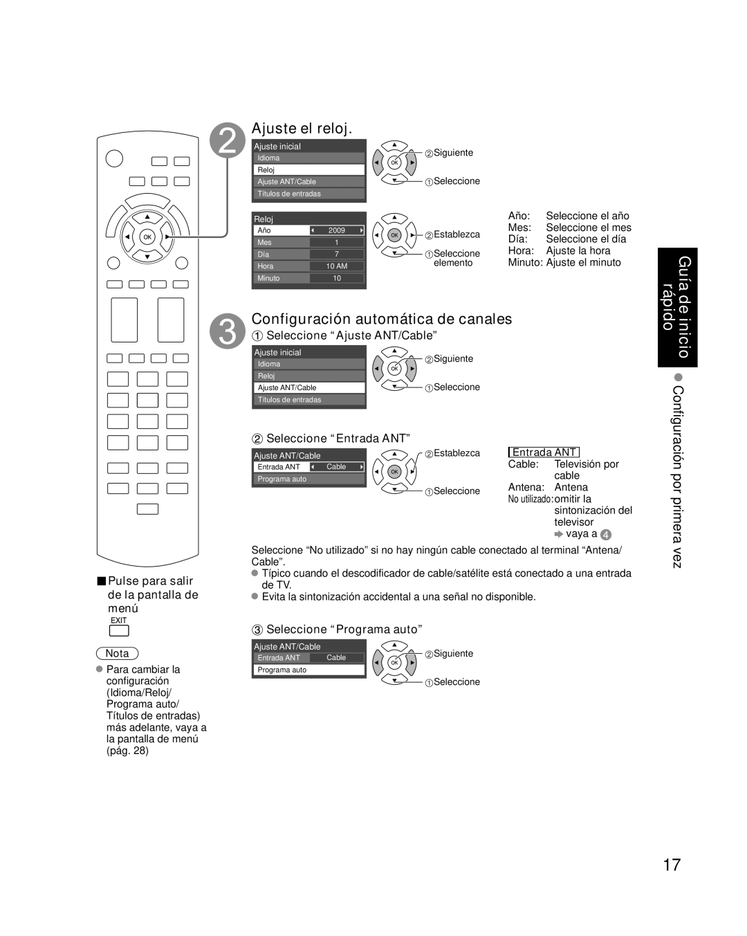 Panasonic TC P50U1 quick start Ajuste el reloj, Configuración automática de canales 