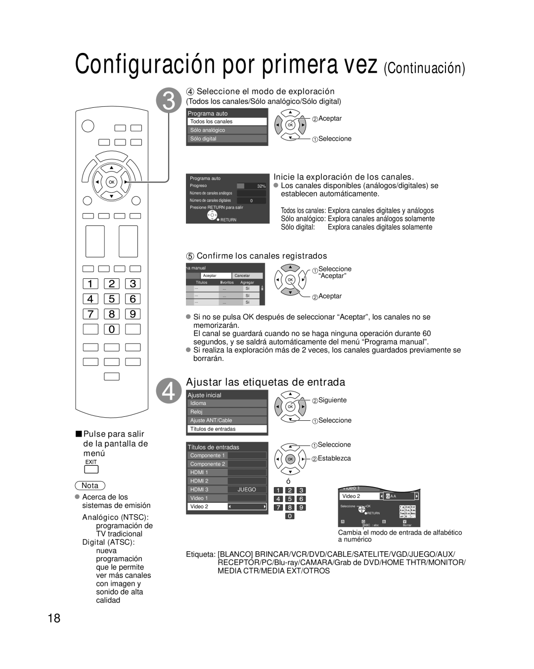 Panasonic TC P50U1 Ajustar las etiquetas de entrada, Seleccione el modo de exploración, Confirme los canales registrados 