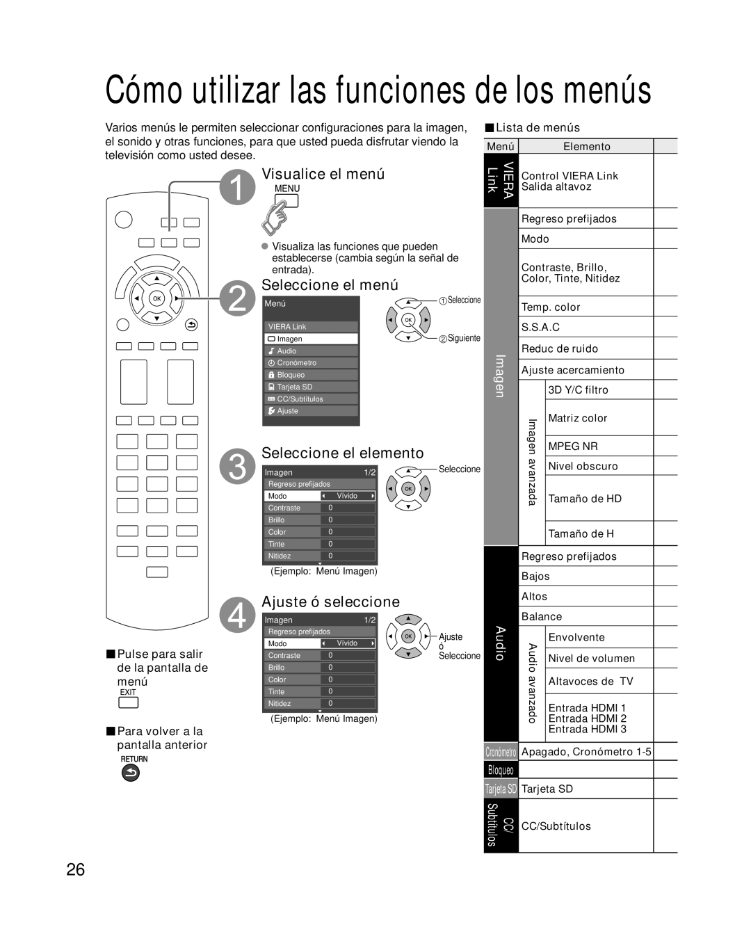 Panasonic TC P50U1 quick start Visualice el menú, Seleccione el menú, Ajuste ó seleccione, Viera Link, Audio 